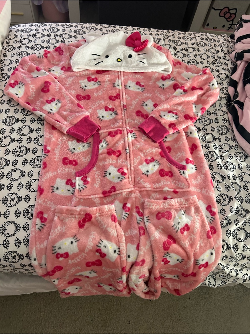 Hello Kitty Pink Hooded Fleece Onesie Pajamas